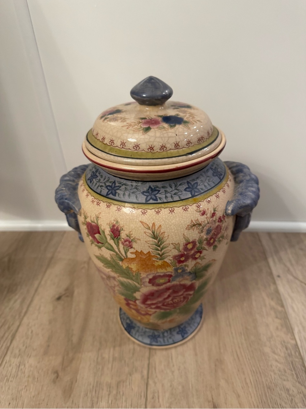 Vase With Lid From China. Handles On Side. 14” Floral Print